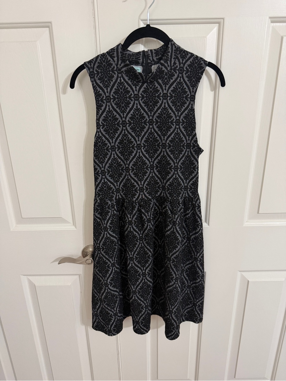 Maurices M Black Gray Damask Mock Neck Fit Flare Dress Gothic Fall